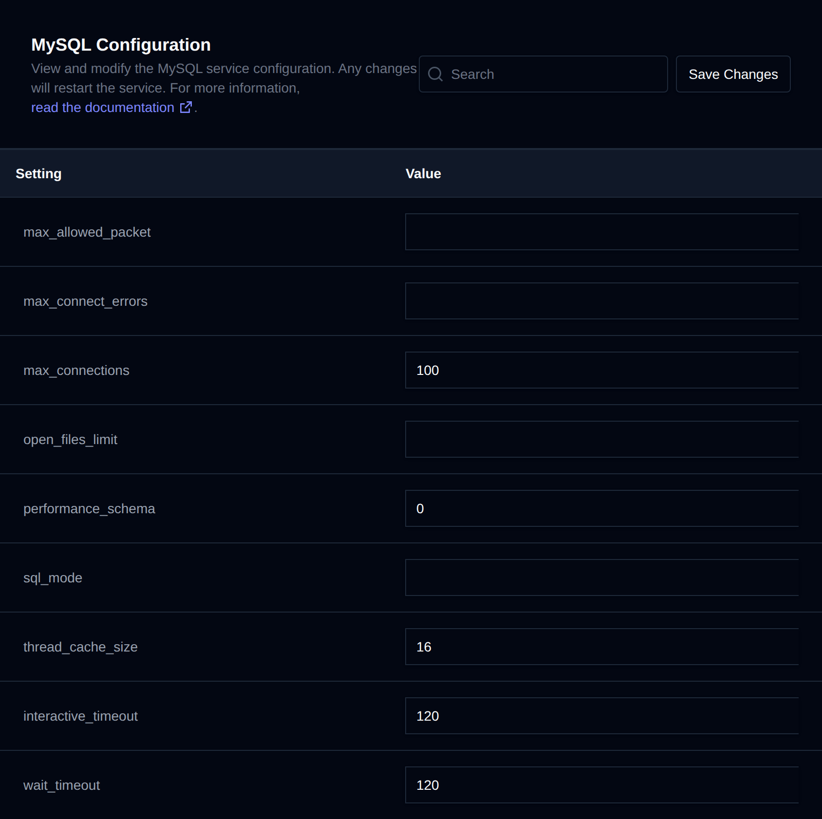 MySQL Configuration page with a table of settings, editable values and the Save Changes button