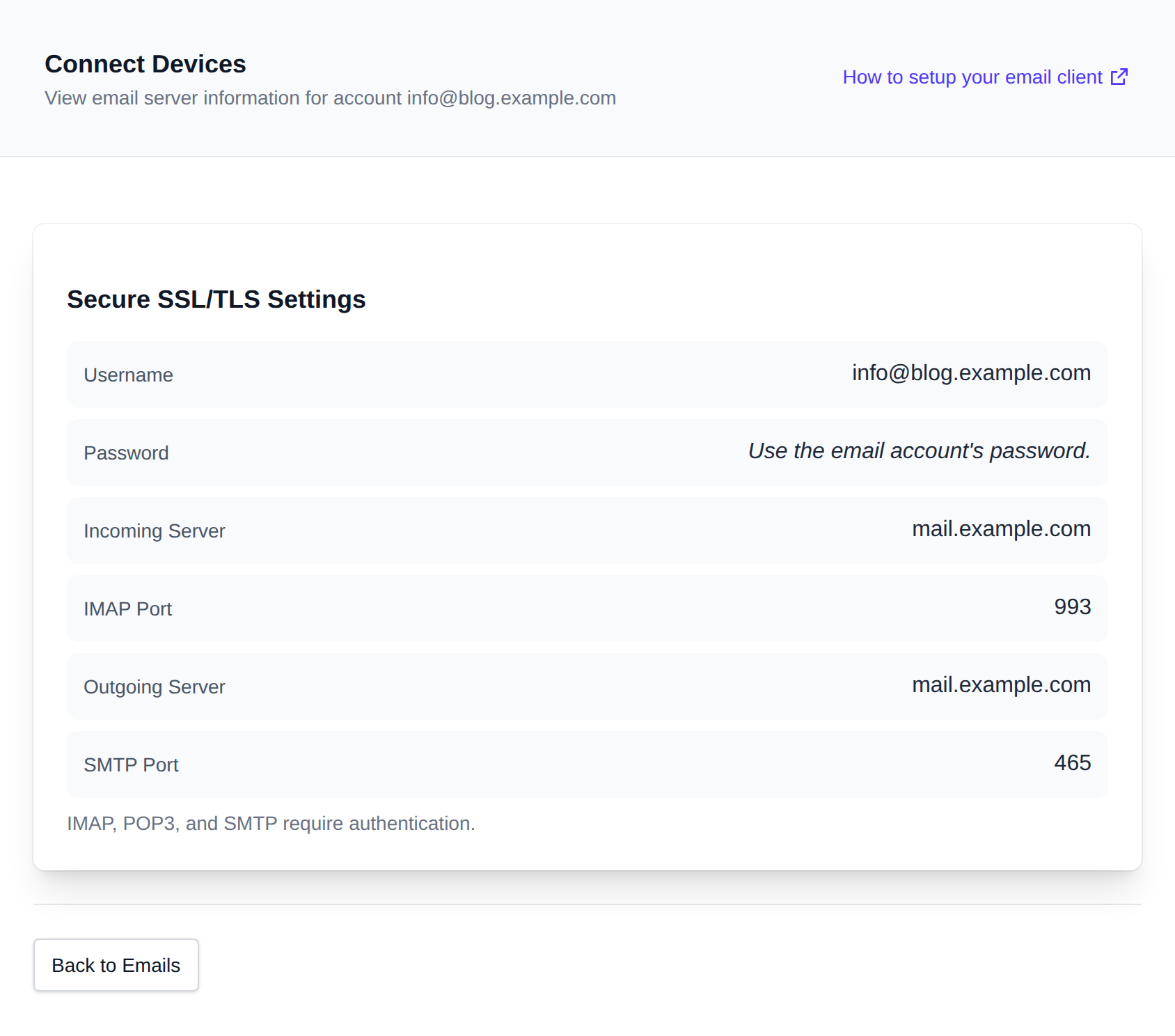 Connect Devices page with the username, incoming and outgoing servers and the IMAP and SMTP ports