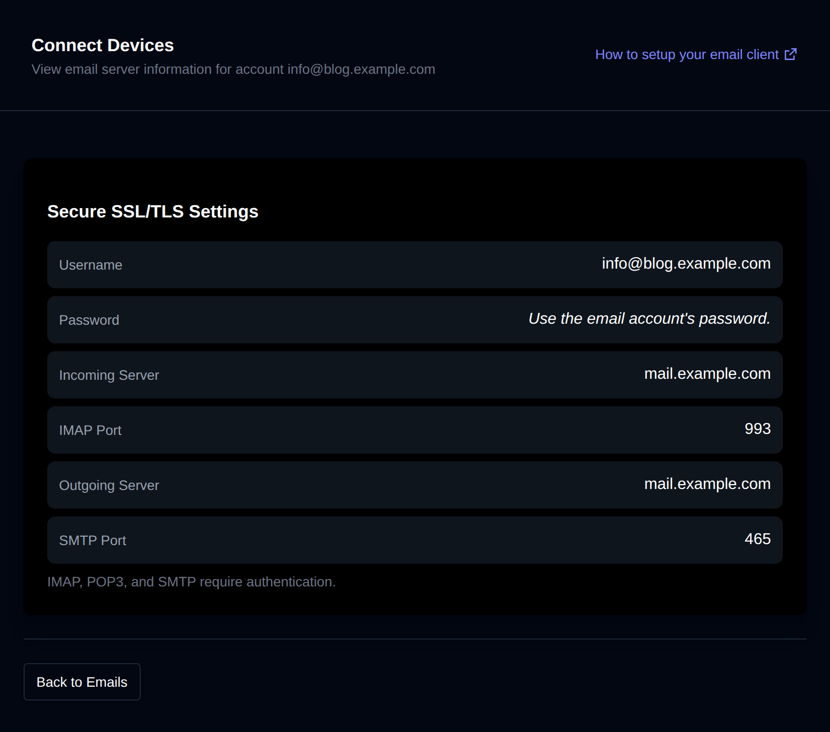 Connect Devices page with the username, incoming and outgoing servers and the IMAP and SMTP ports