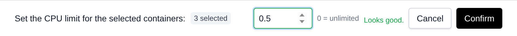 Bulk actions bar asking for the new CPU limit of the three selected containers, with Cancel and Confirm buttons