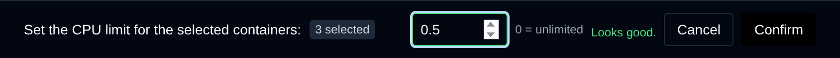 Bulk actions bar asking for the new CPU limit of the three selected containers, with Cancel and Confirm buttons