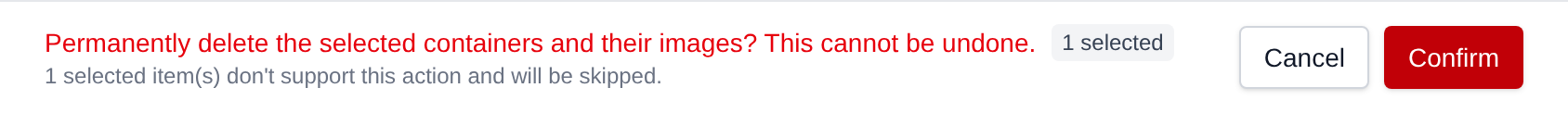 Bulk delete confirmation in red for one custom container, noting that the selected built-in container will be skipped