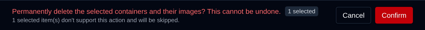 Bulk delete confirmation in red for one custom container, noting that the selected built-in container will be skipped