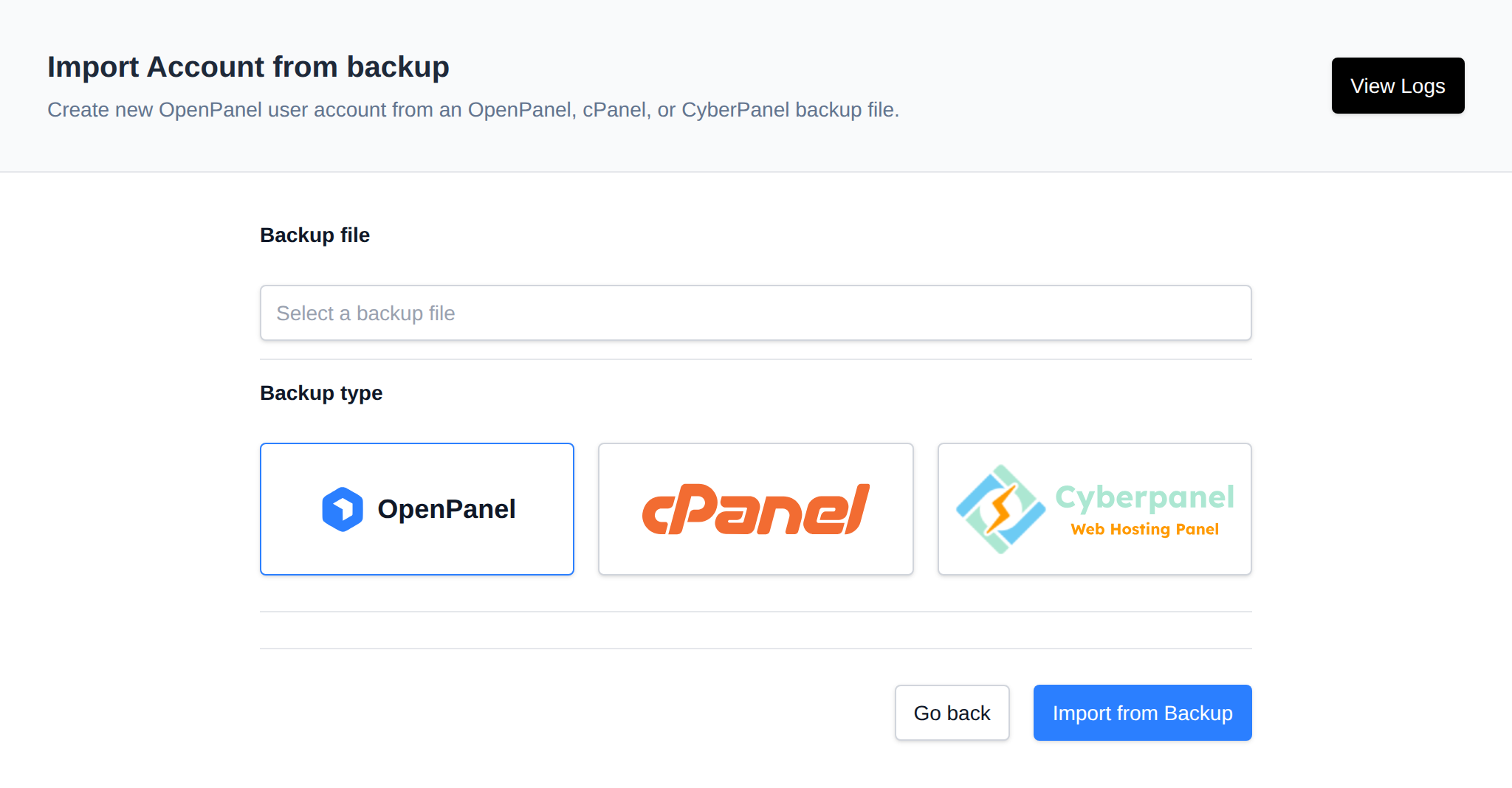Import Account from backup form opened from the Import Account button