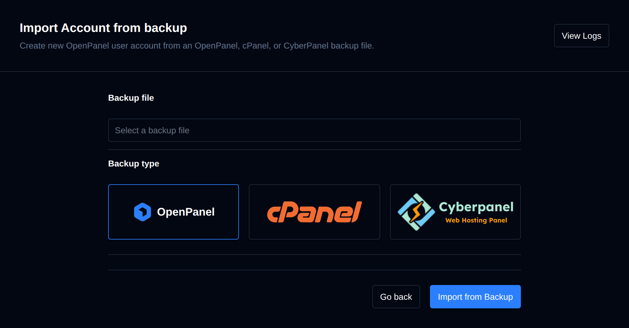 Import Account from backup form opened from the Import Account button
