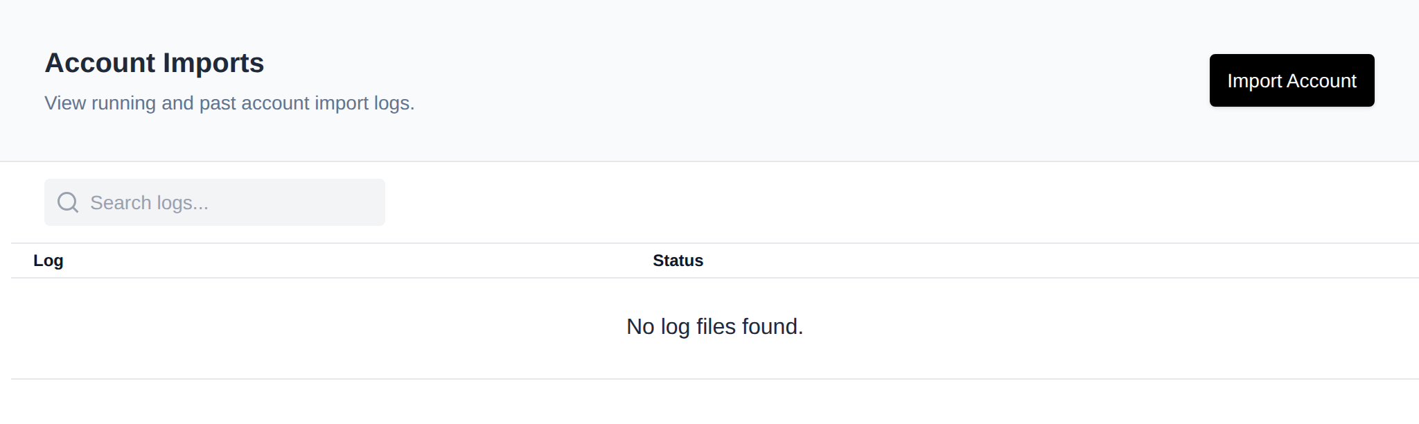 Account Imports page with the import logs and the Import Account button