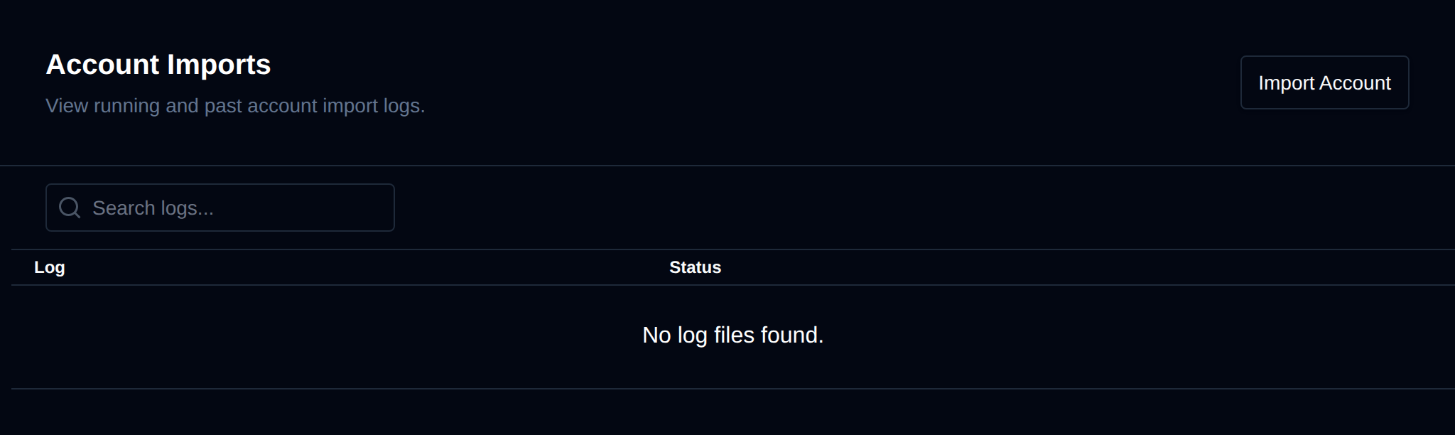 Account Imports page with the import logs and the Import Account button