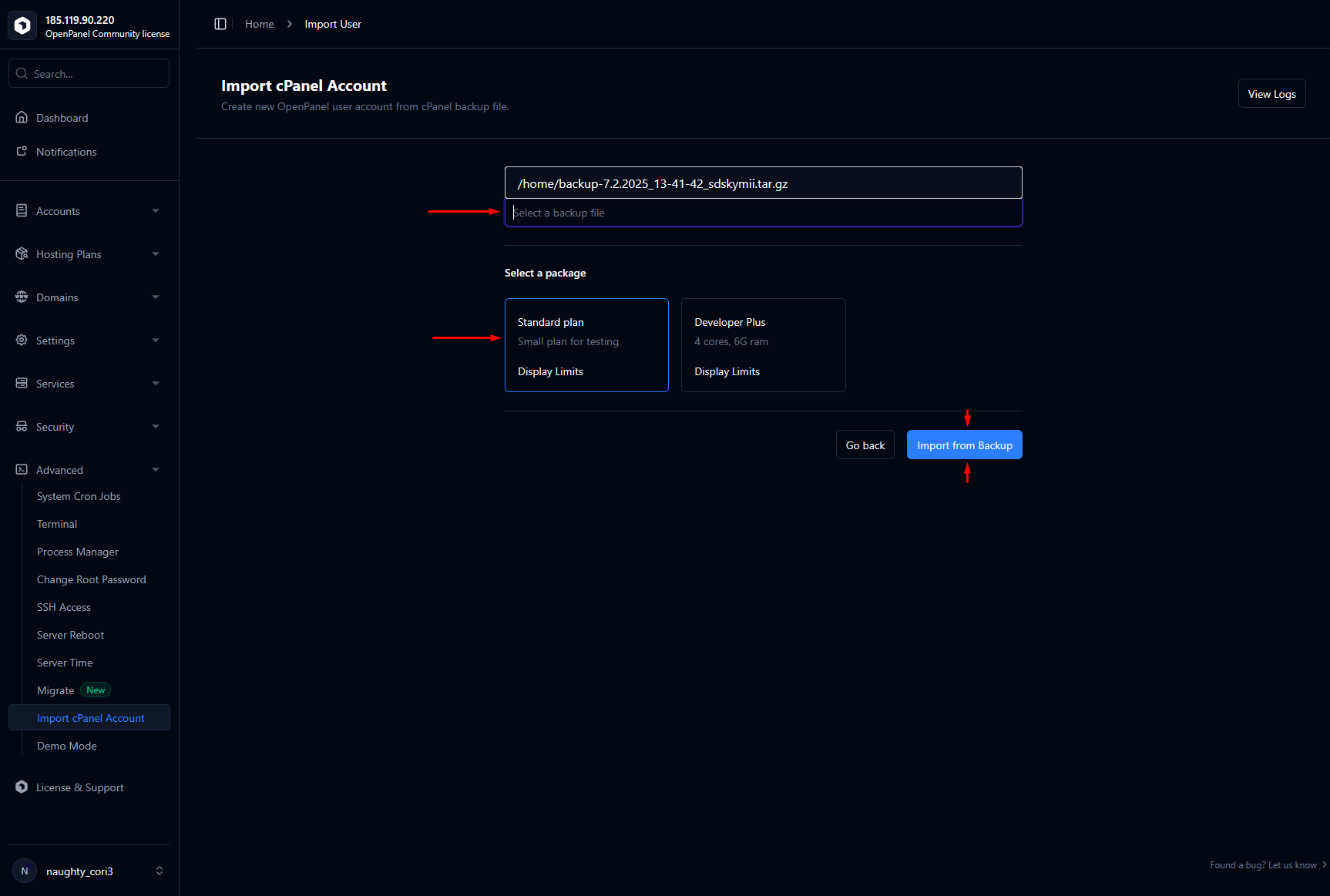 import cpanel bakcup in openpanel2