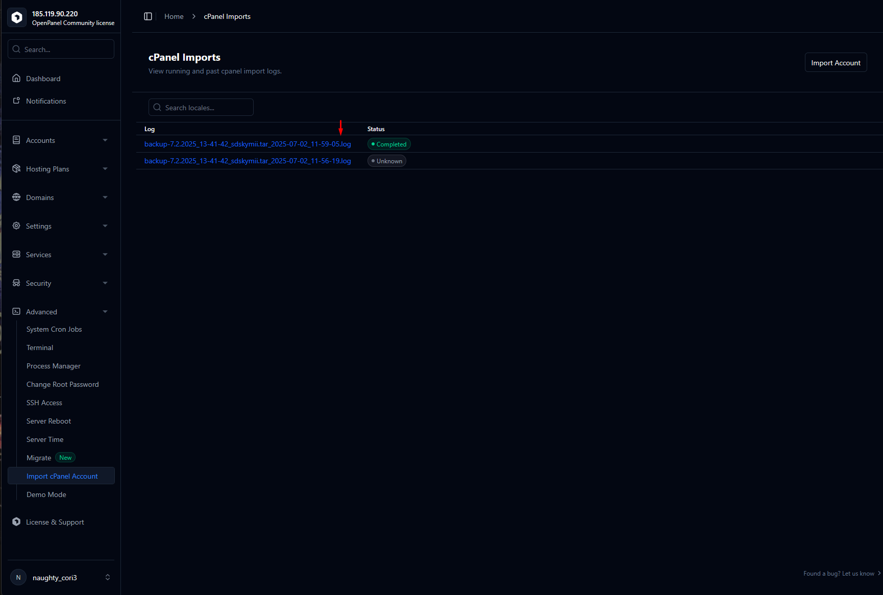 import cpanel bakcup in openpanel3