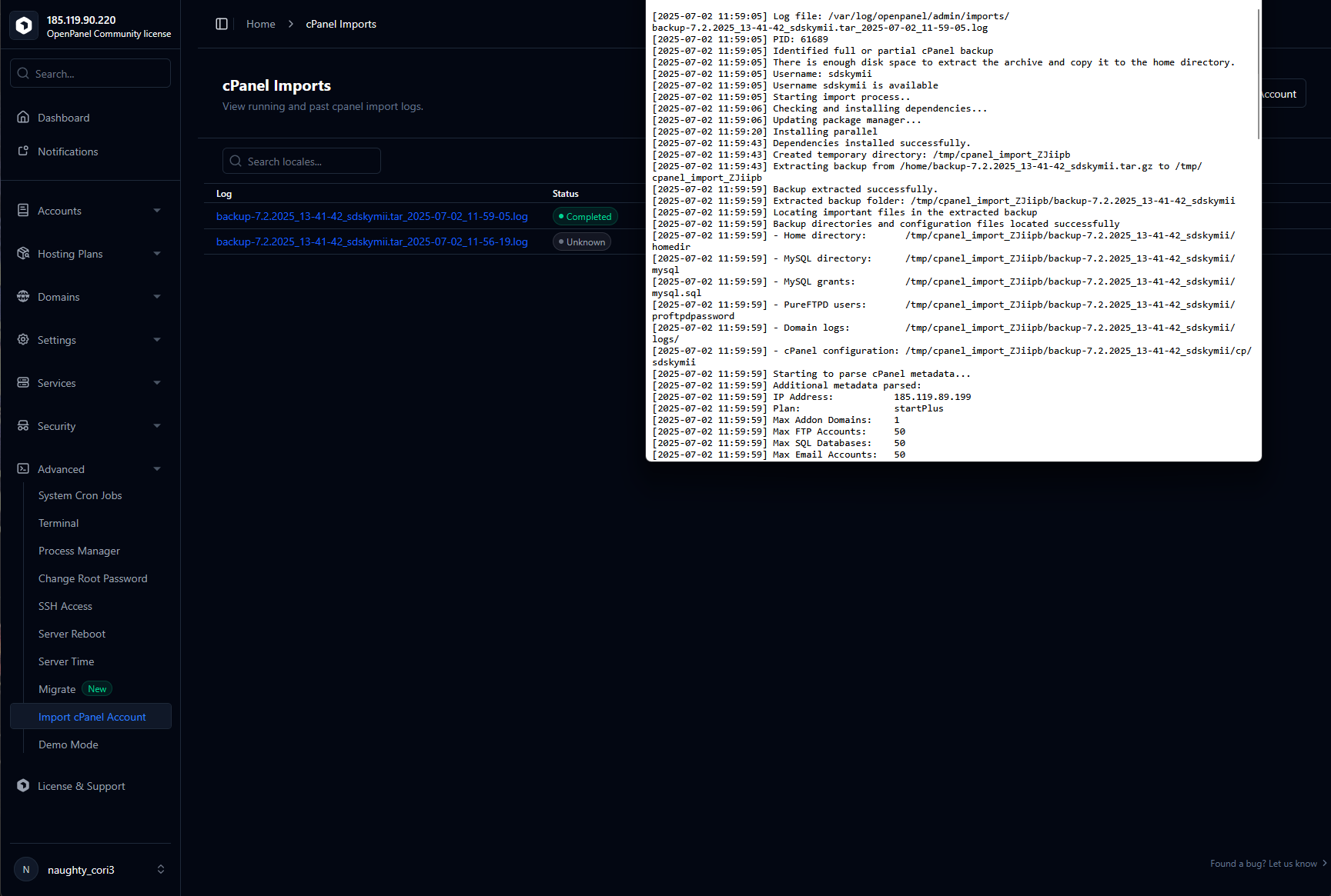 import cpanel bakcup in openpanel4