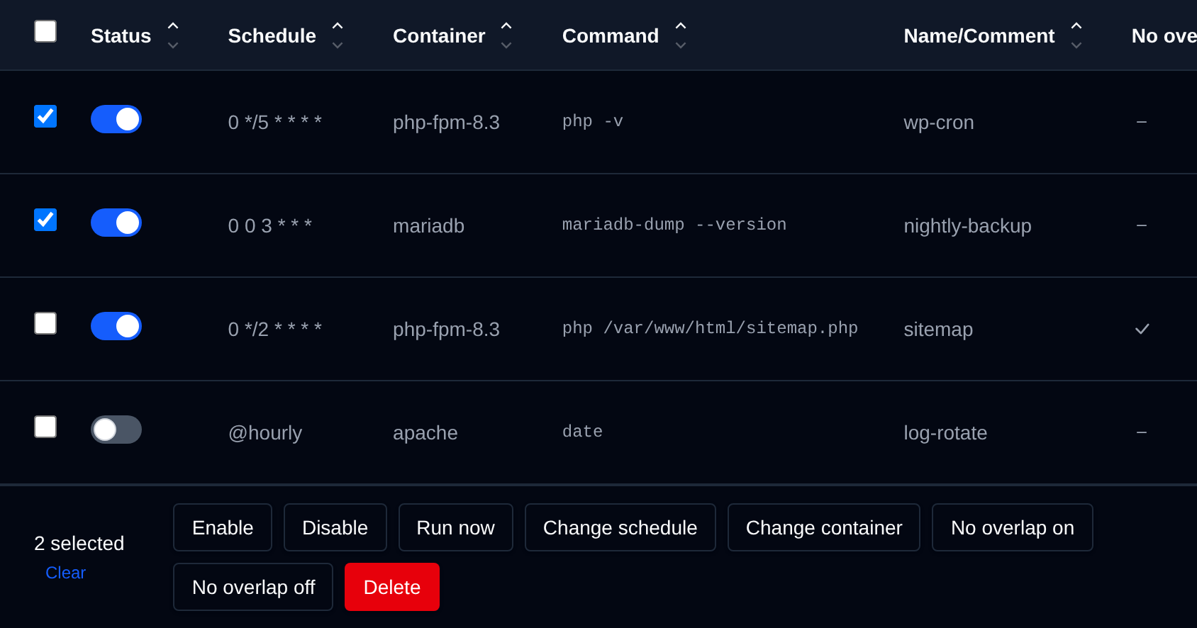Two cron jobs selected with the bulk actions bar offering Enable, Disable, Run now, Change schedule, Change container, No overlap on, No overlap off and Delete