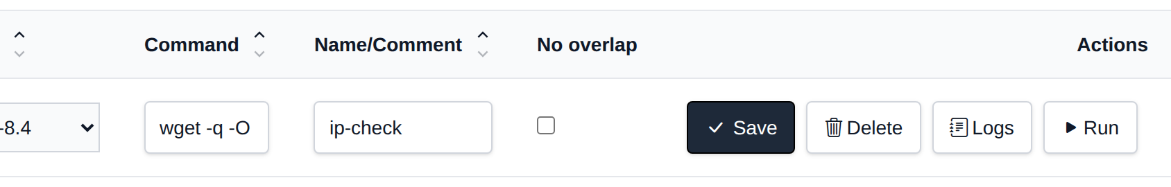 A cron job row in edit mode with editable schedule, container, command and comment fields