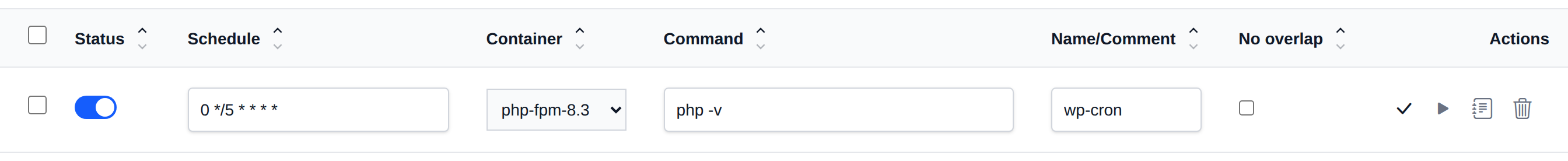 A cron job row in edit mode with editable schedule, container, command and comment fields