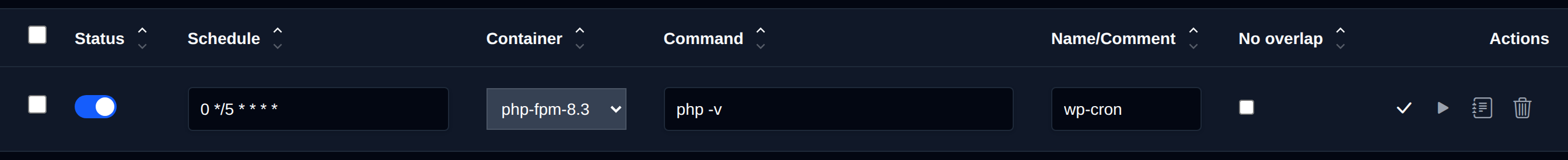 A cron job row in edit mode with editable schedule, container, command and comment fields