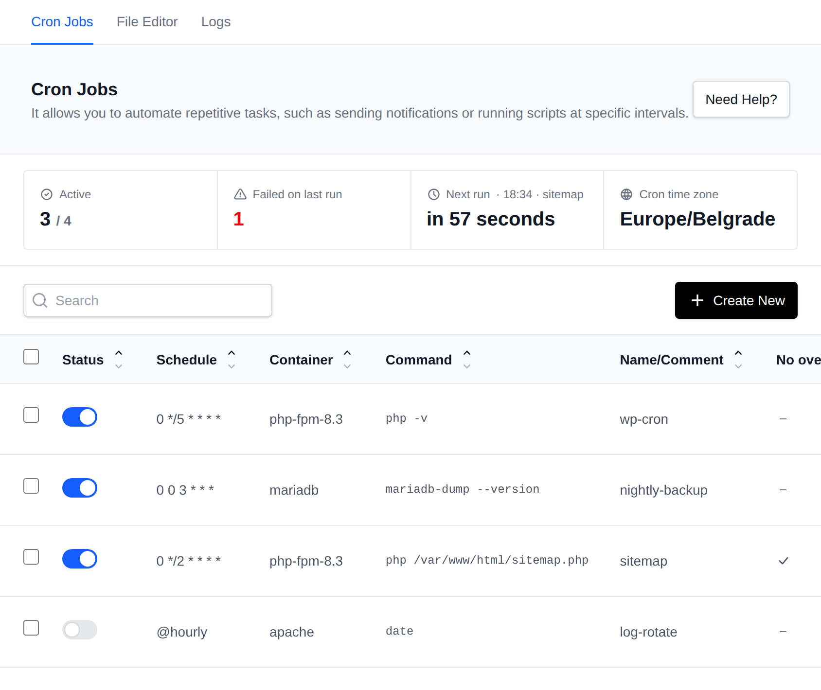 Cron Jobs page listing scheduled jobs with their schedule, container, command and comment