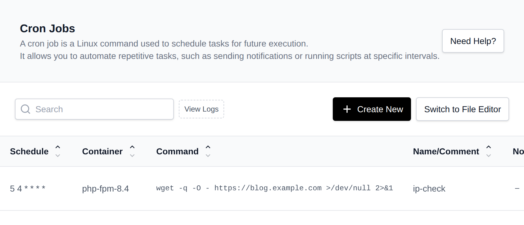 Cron Jobs page listing scheduled jobs with their schedule, container, command and comment