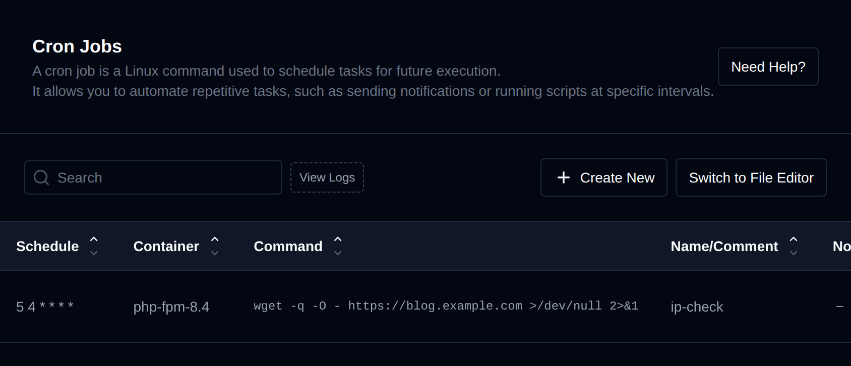 Cron Jobs page listing scheduled jobs with their schedule, container, command and comment