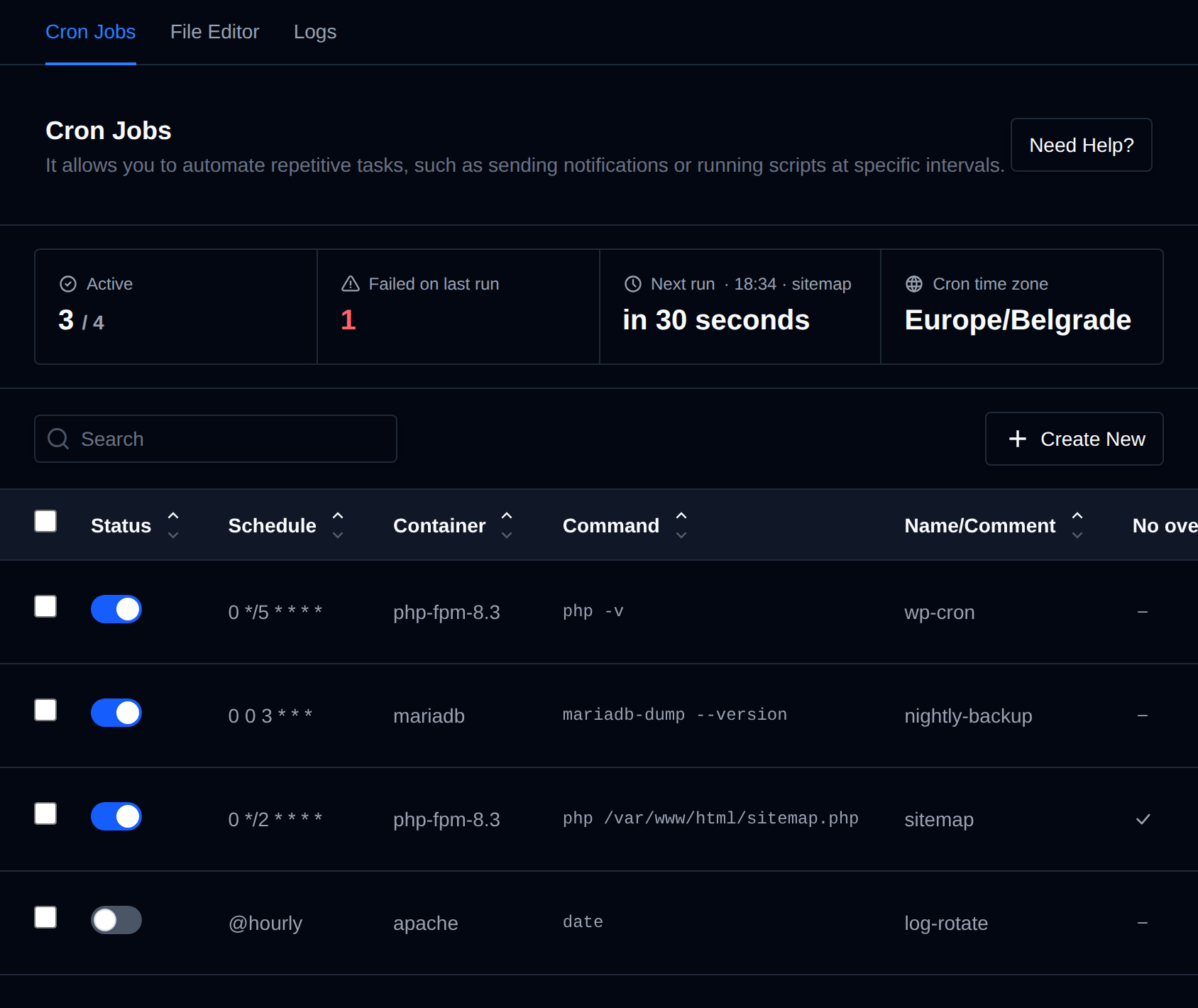 Cron Jobs page listing scheduled jobs with their schedule, container, command and comment