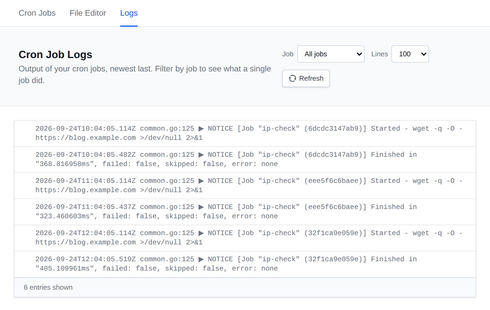 Logs tab of the Cron Jobs page with the Job and Lines filters and Refresh button in the page header, and log entries of recent runs
