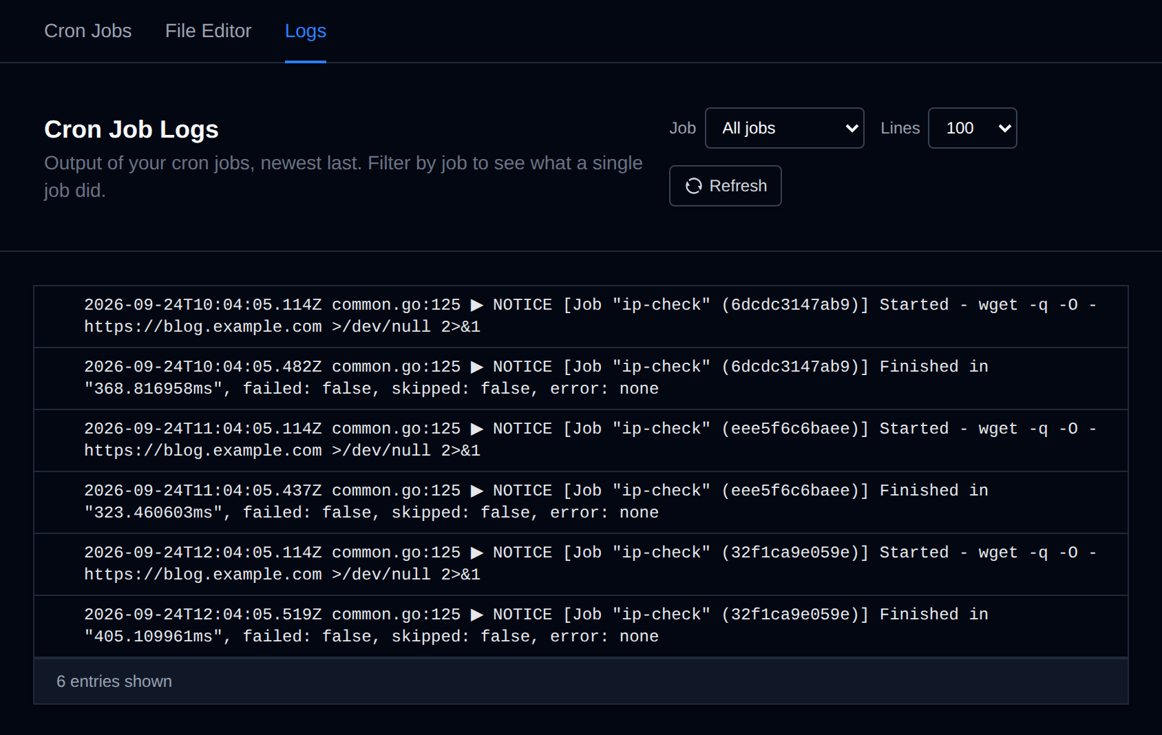 Logs tab of the Cron Jobs page with the Job and Lines filters and Refresh button in the page header, and log entries of recent runs