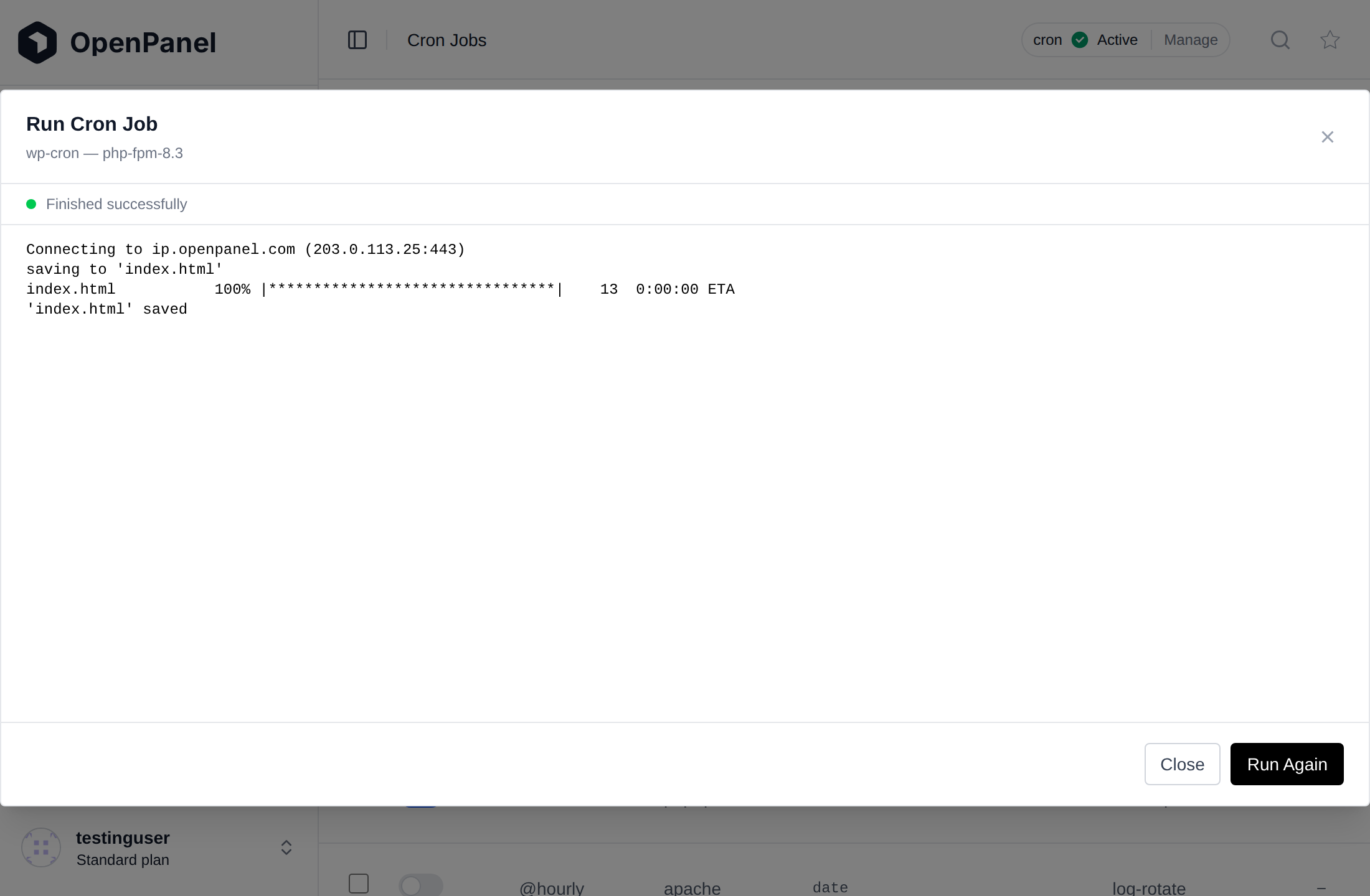 Run now dialog of a cron job showing the command output and Finished successfully