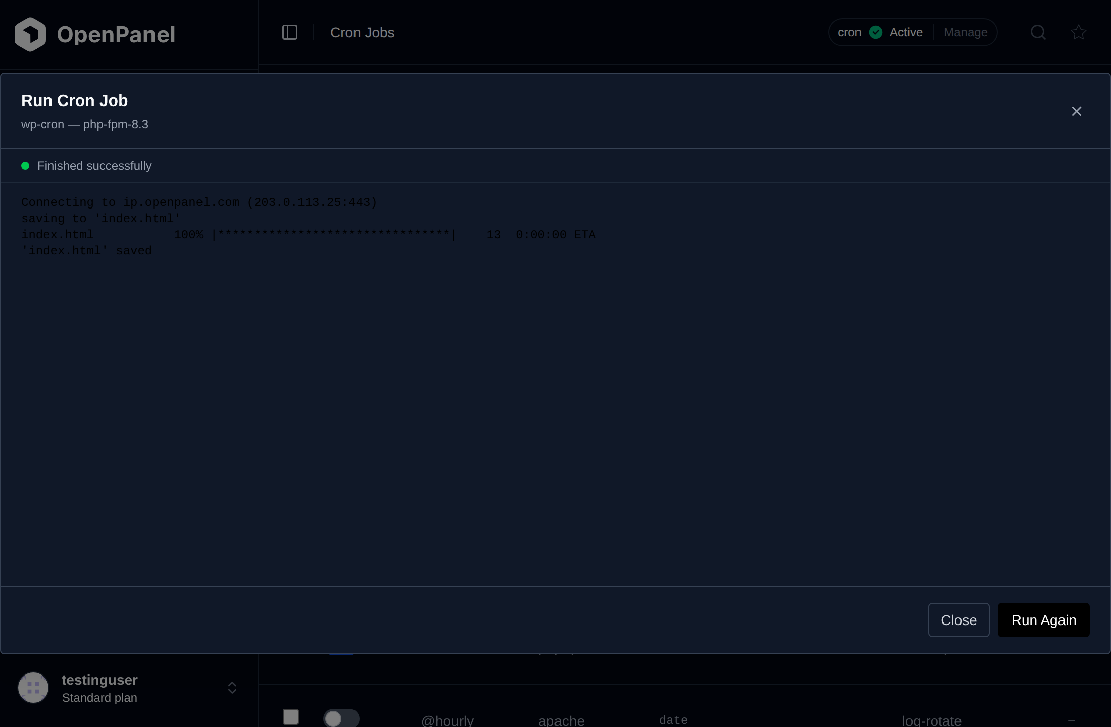 Run now dialog of a cron job showing the command output and Finished successfully