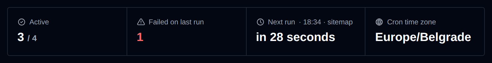 Summary above the cron jobs table with the active jobs, jobs that failed on their last run, the next run with its time and job, and the cron time zone