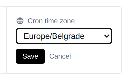 Cron time zone in the summary opened for editing, with the time zone dropdown and the Save and Cancel buttons