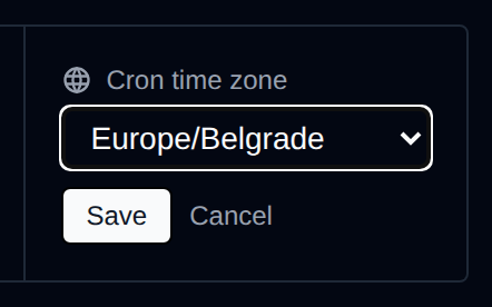 Cron time zone in the summary opened for editing, with the time zone dropdown and the Save and Cancel buttons