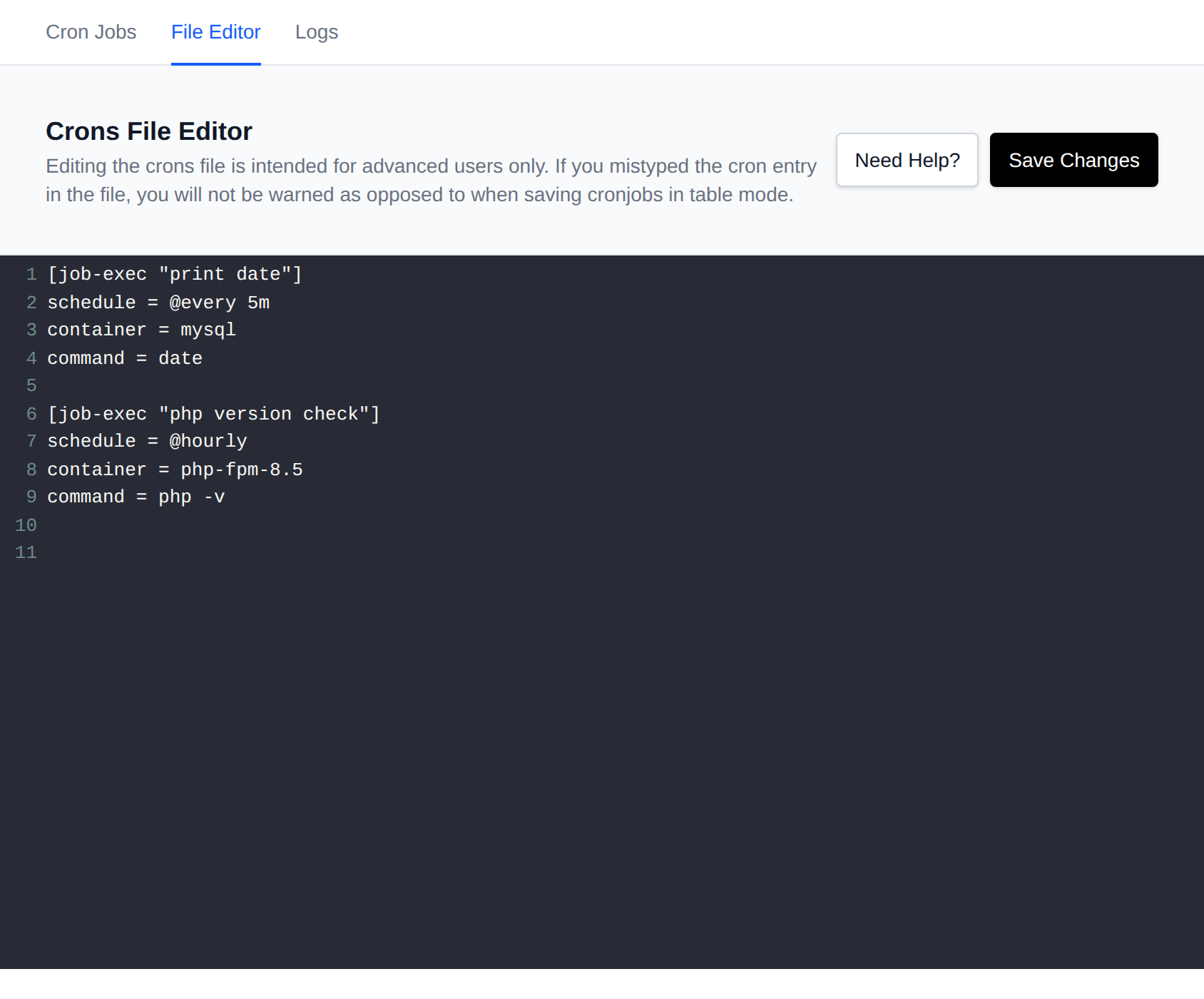 Cron jobs File Editor showing the jobs in crons.ini format