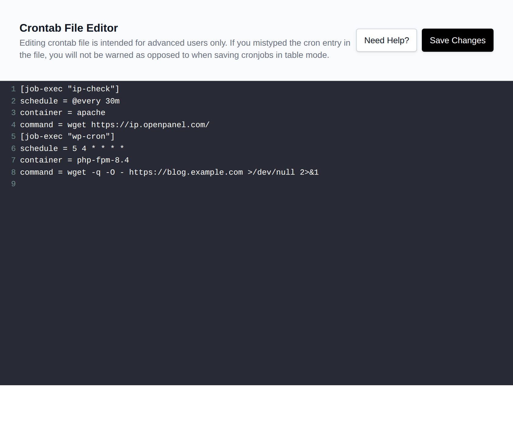 Cron jobs File Editor showing the jobs in crons.ini format
