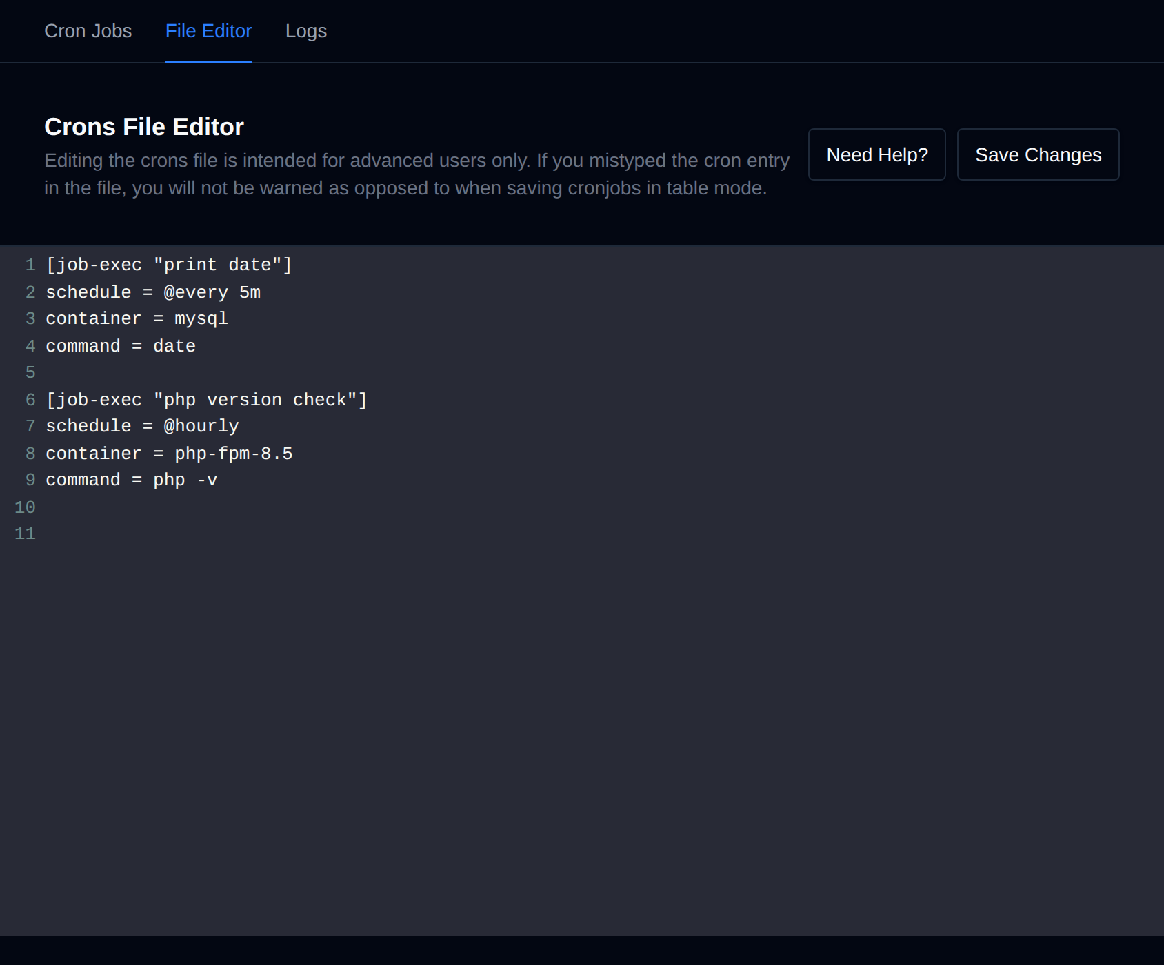 Cron jobs File Editor showing the jobs in crons.ini format