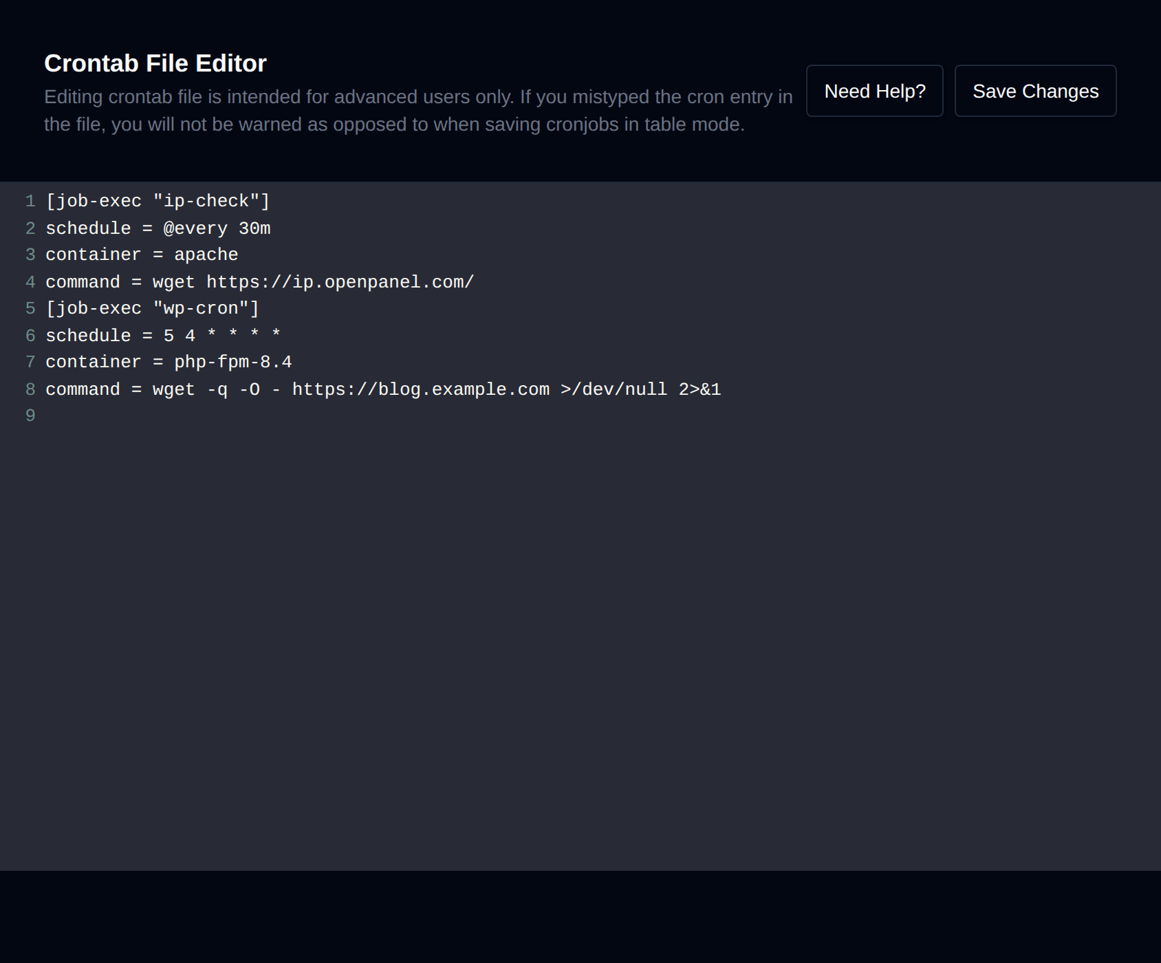 Cron jobs File Editor showing the jobs in crons.ini format