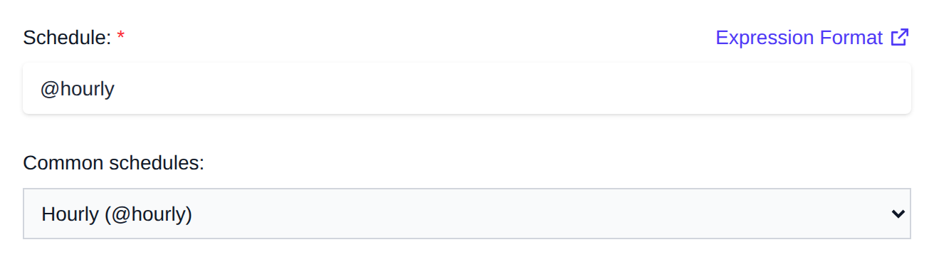 Common schedules dropdown set to Hourly, which fills in @hourly as the schedule