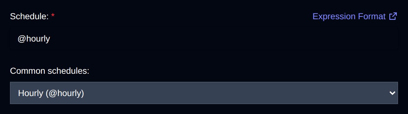 Common schedules dropdown set to Hourly, which fills in @hourly as the schedule