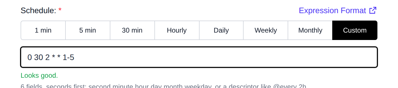 Schedule options with Custom picked and the cron expression field below them