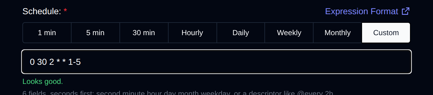 Schedule options with Custom picked and the cron expression field below them