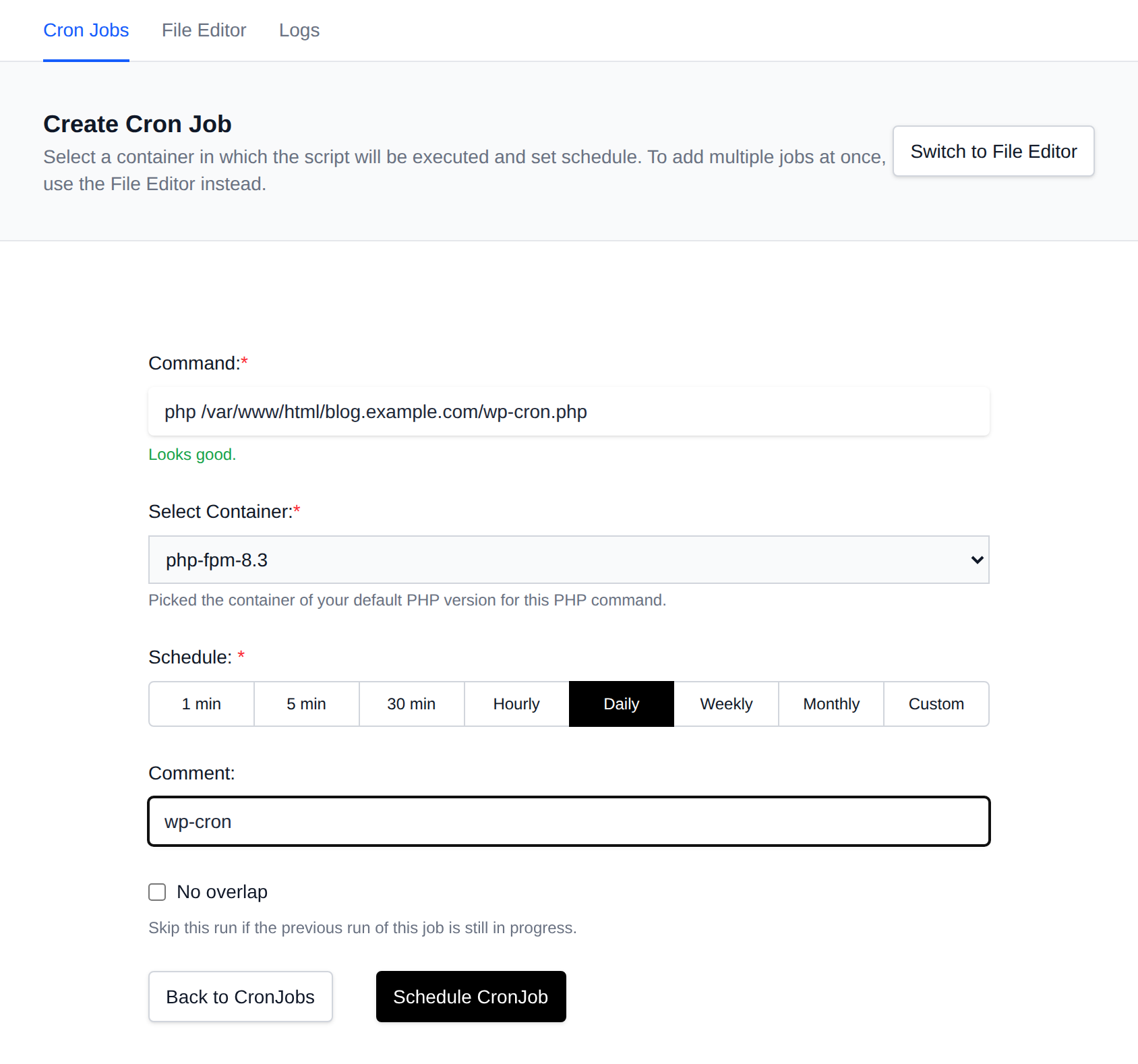 Create Cron Job form with the container, schedule, common schedules, command and comment fields
