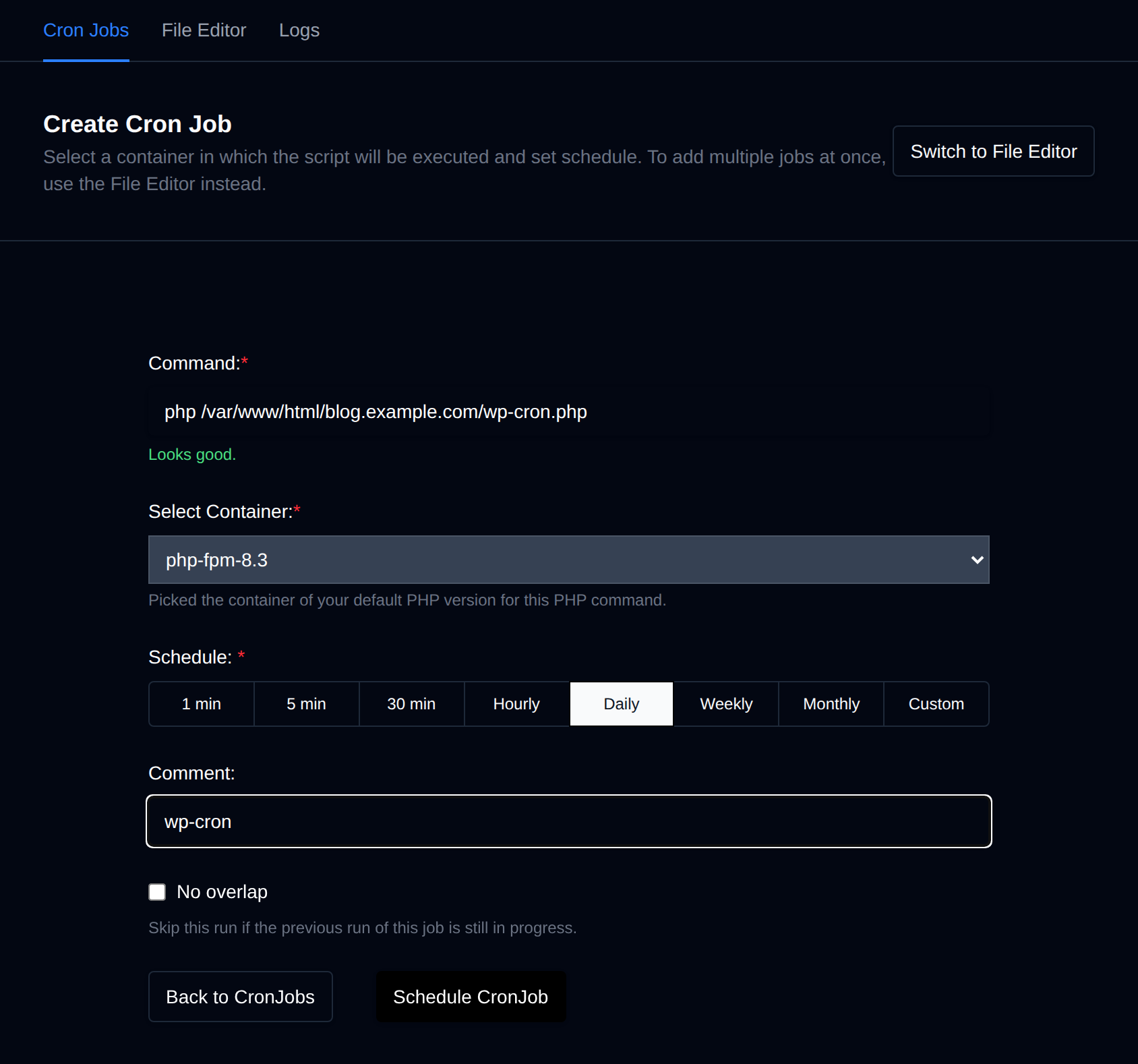 Create Cron Job form with the container, schedule, common schedules, command and comment fields