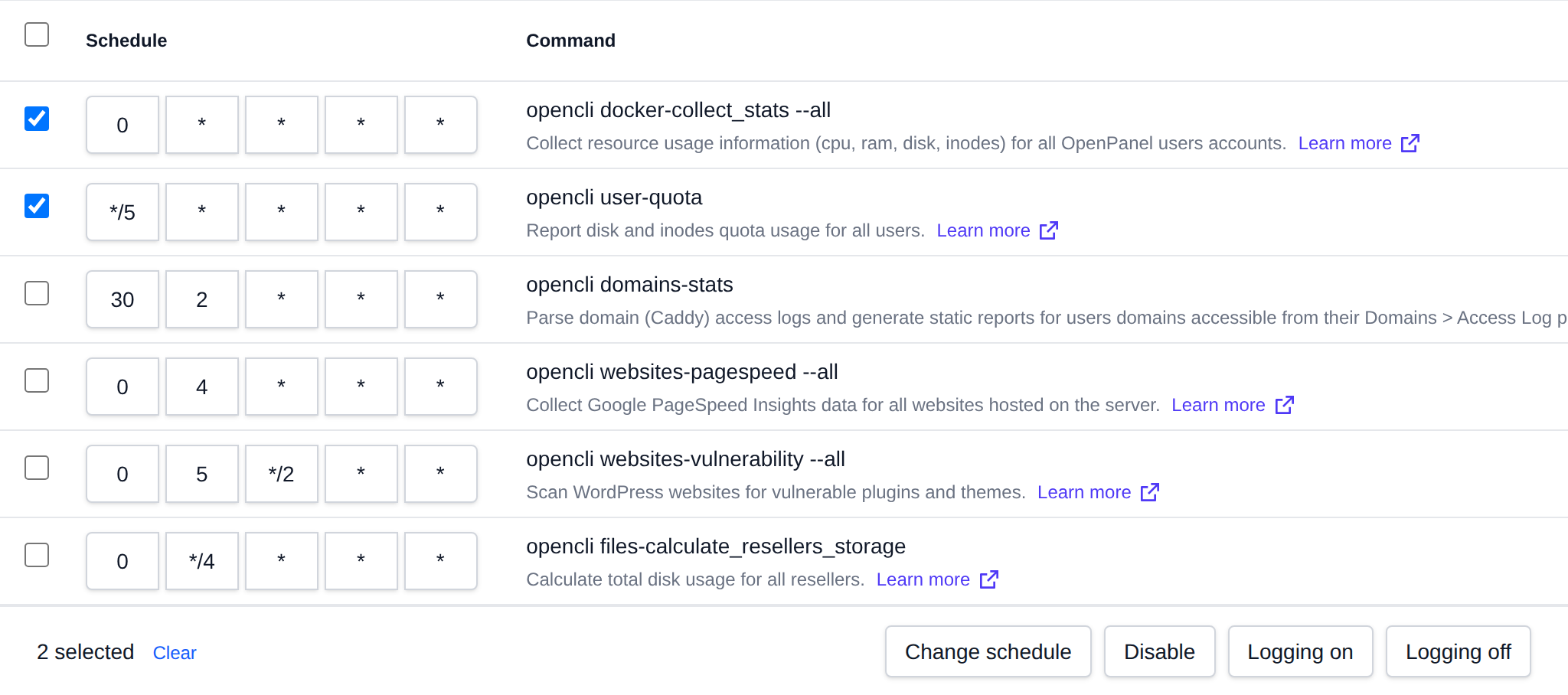Two cron jobs selected with the bulk actions bar offering Change schedule, Disable, Logging on and Logging off