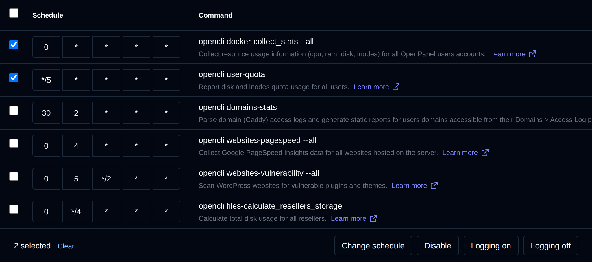 Two cron jobs selected with the bulk actions bar offering Change schedule, Disable, Logging on and Logging off