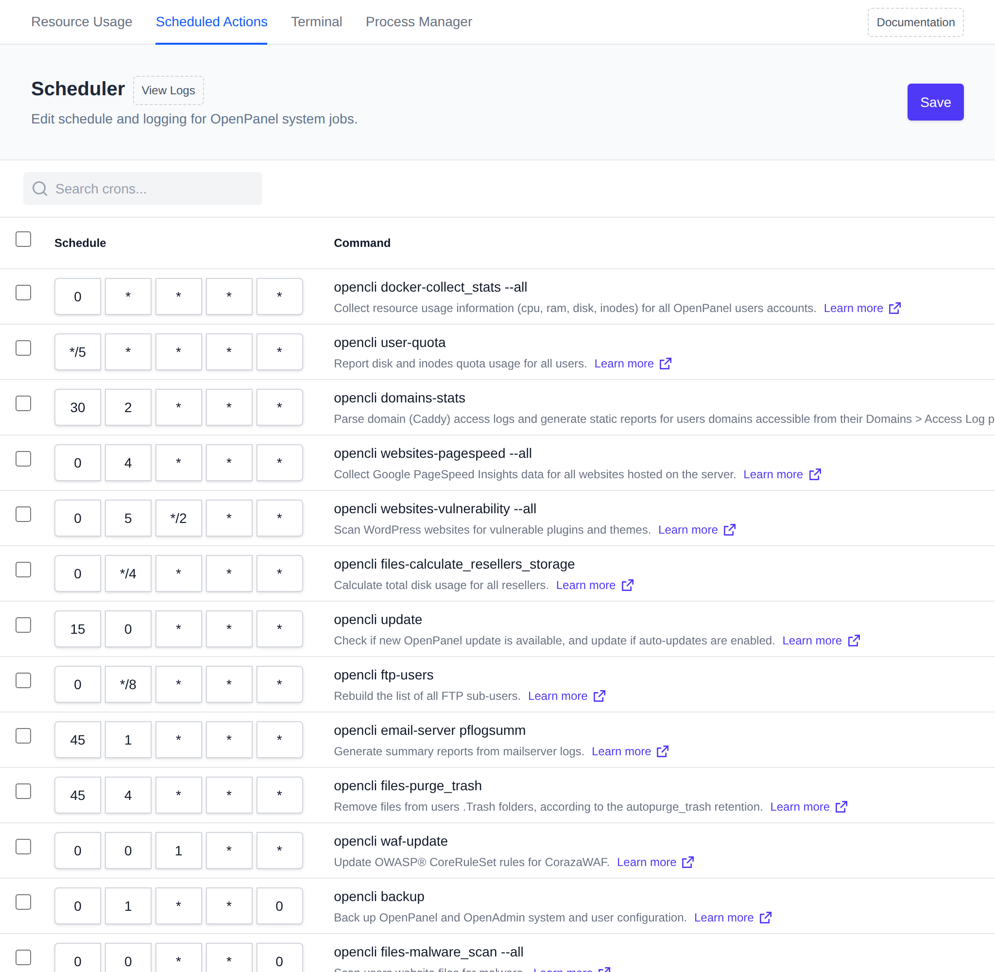 Scheduler page listing OpenPanel system jobs with their cron schedule fields and command