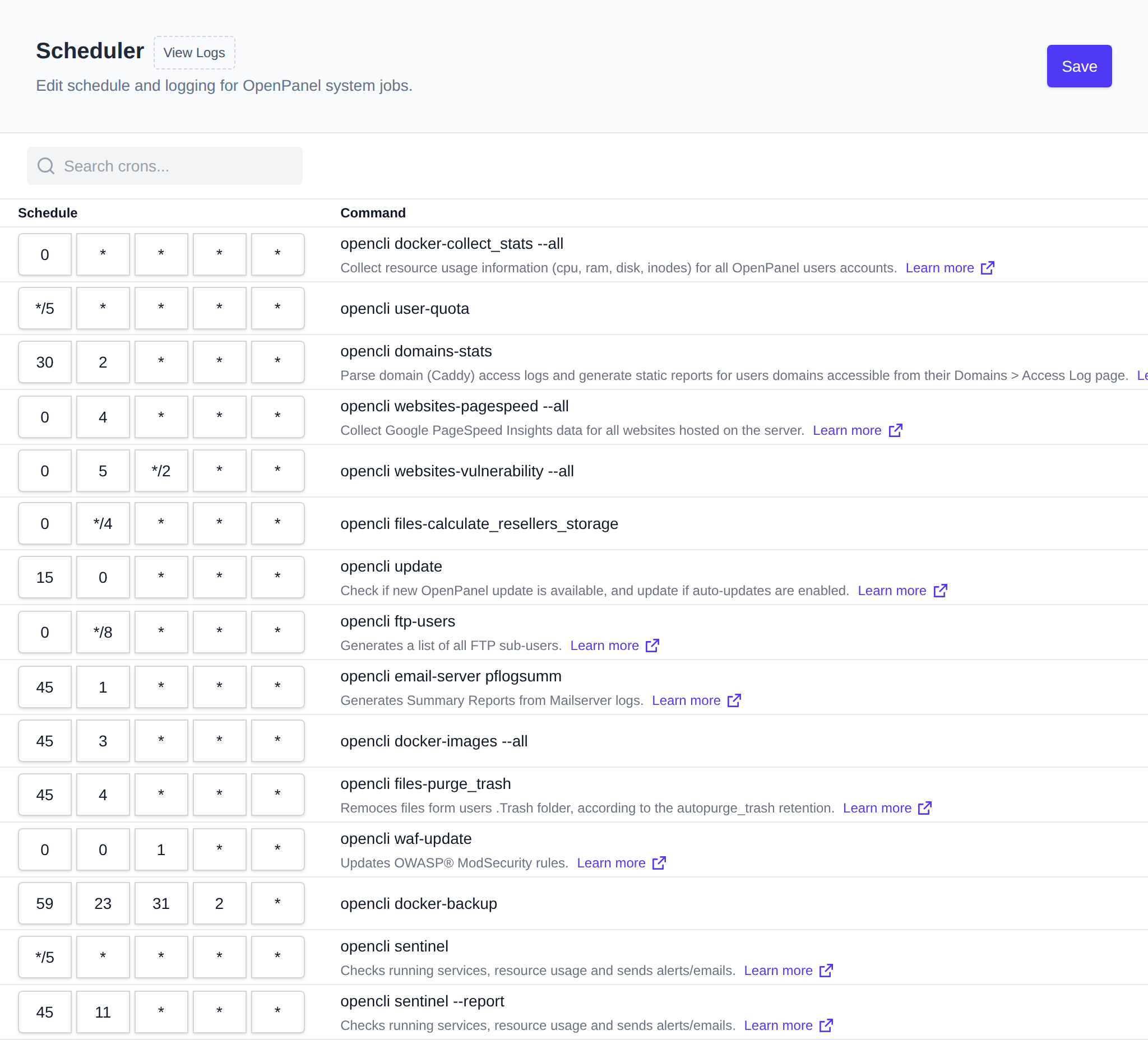 Scheduler page listing OpenPanel system jobs with their cron schedule fields and command