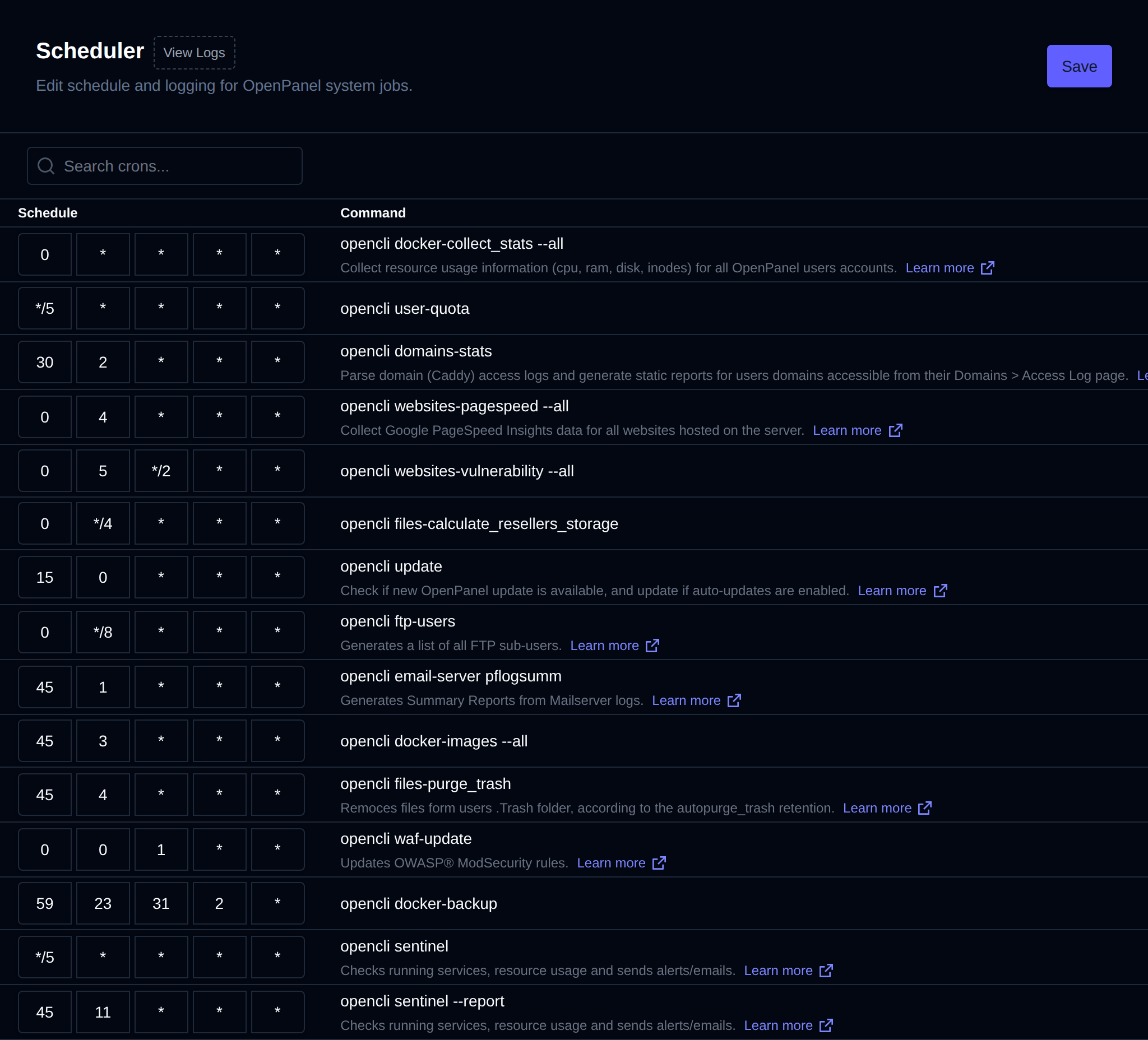 Scheduler page listing OpenPanel system jobs with their cron schedule fields and command