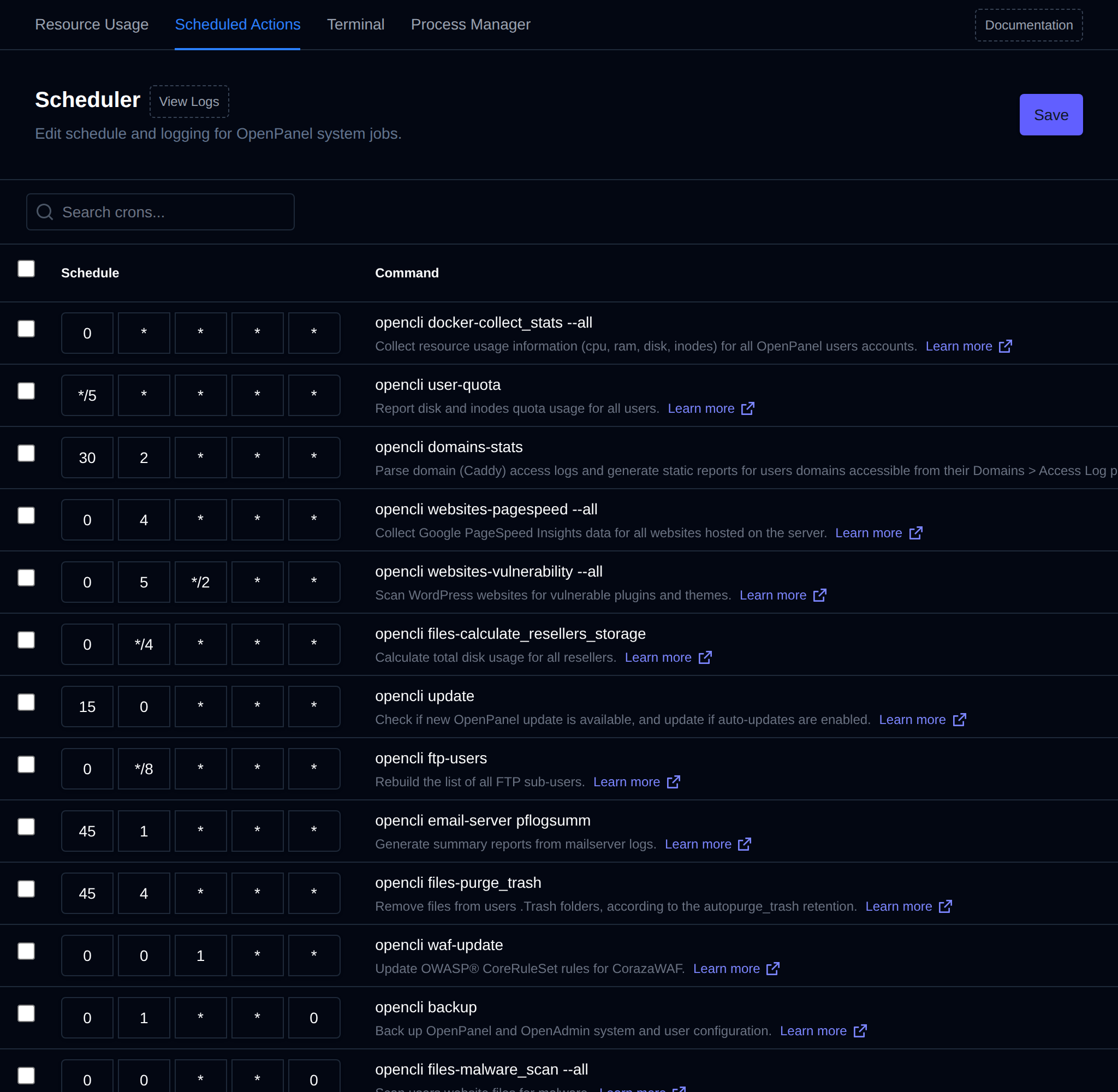 Scheduler page listing OpenPanel system jobs with their cron schedule fields and command