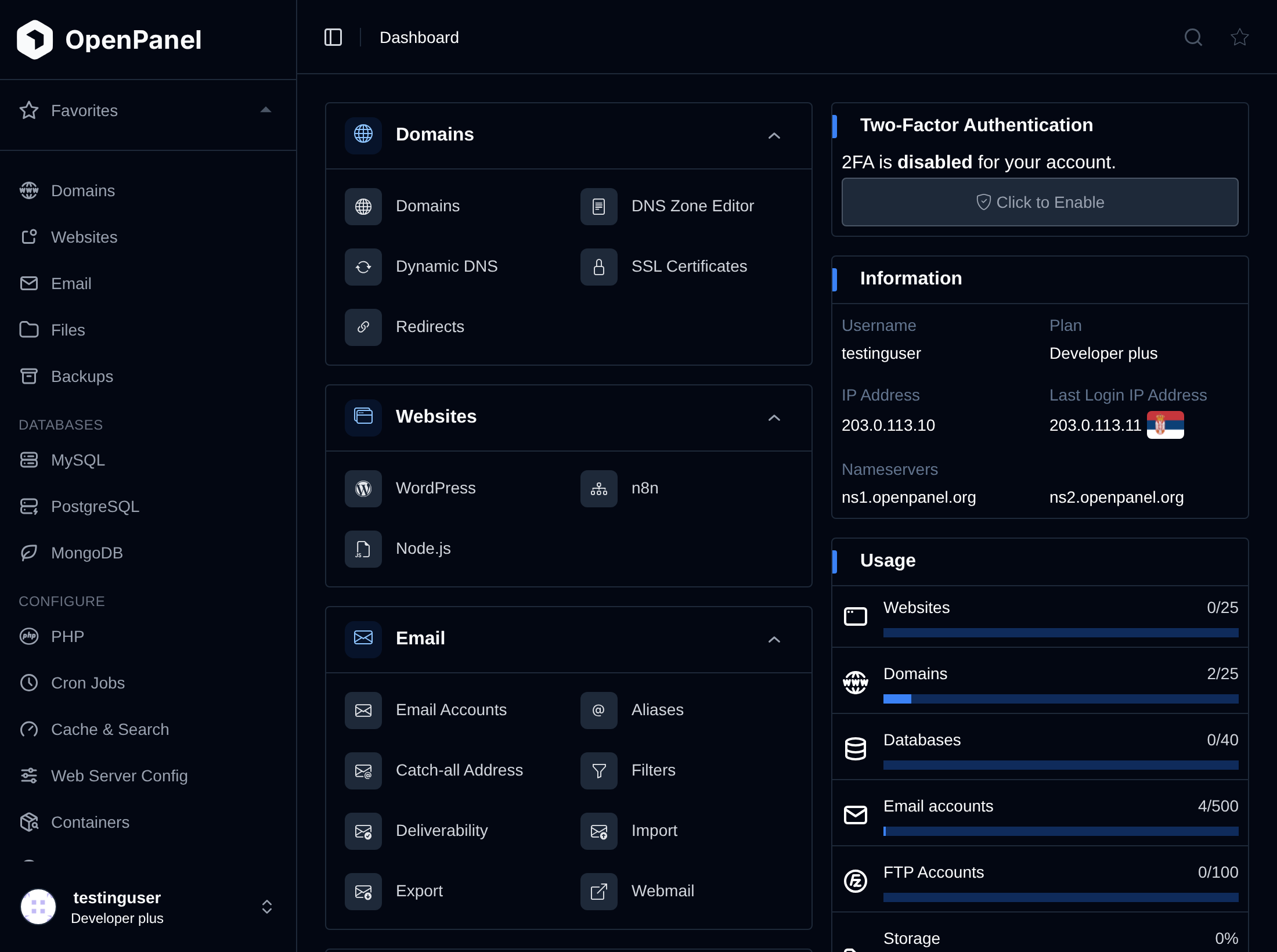 OpenPanel dashboard in dark mode