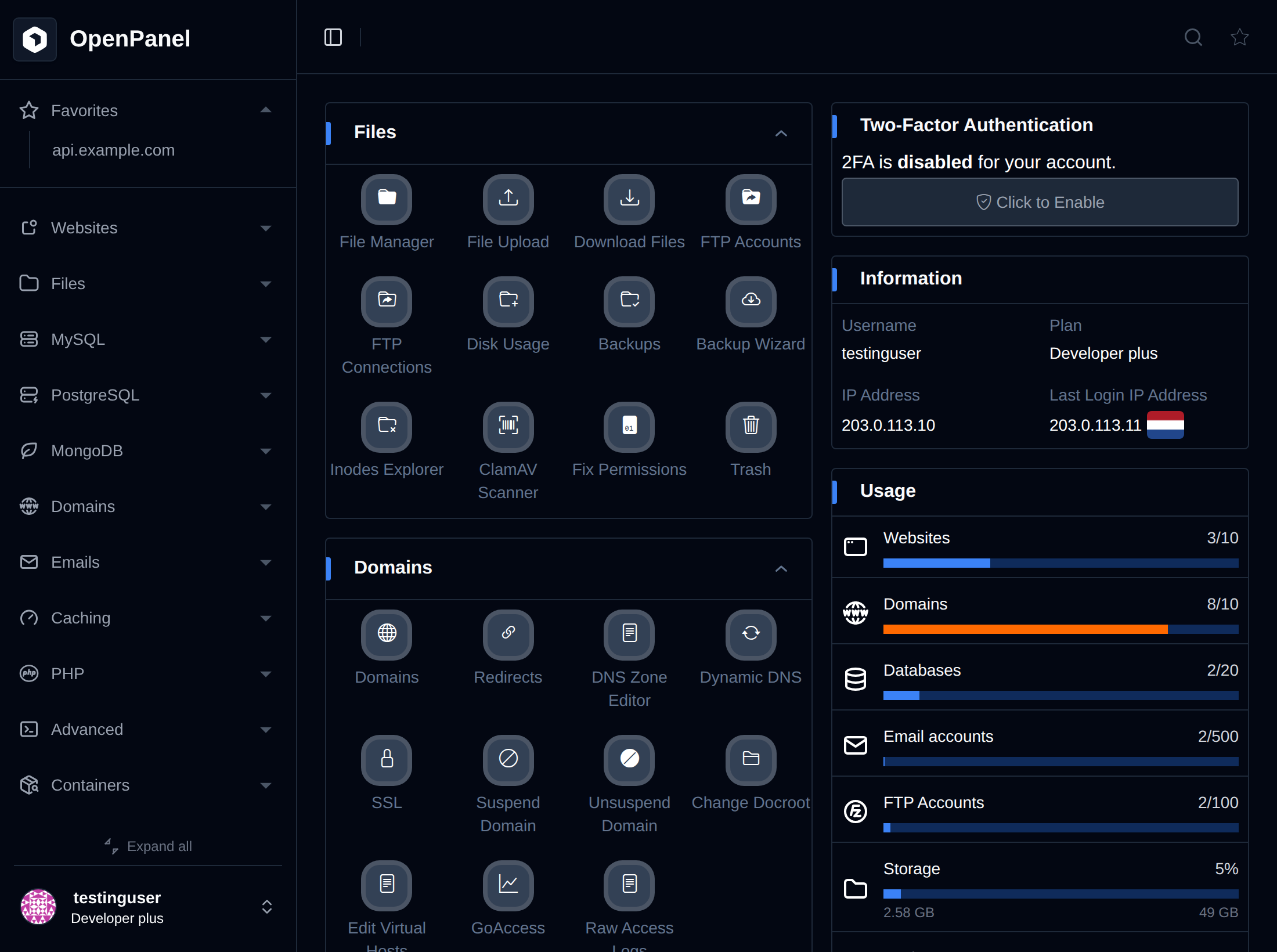 OpenPanel dashboard in dark mode