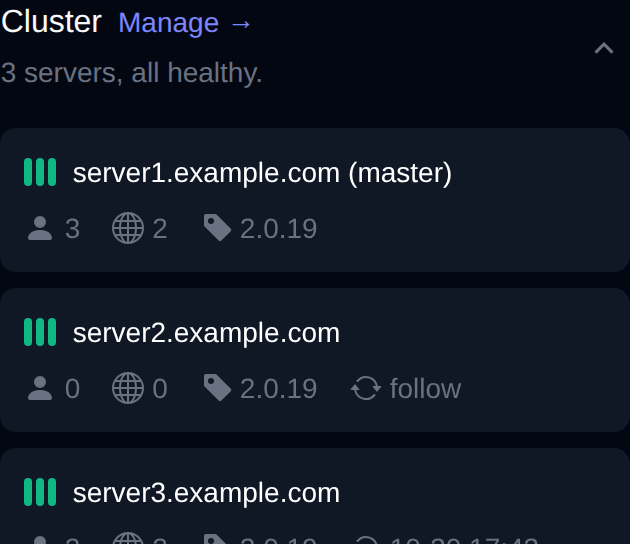 Cluster widget on the dashboard with each server, its users, domains and version