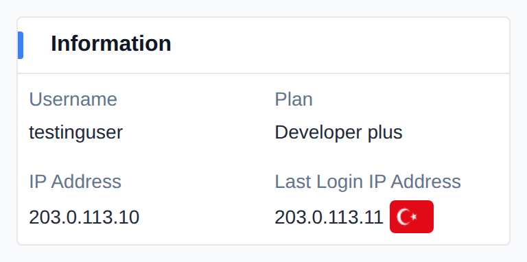 Information widget with the username, plan, IP address and last login IP address