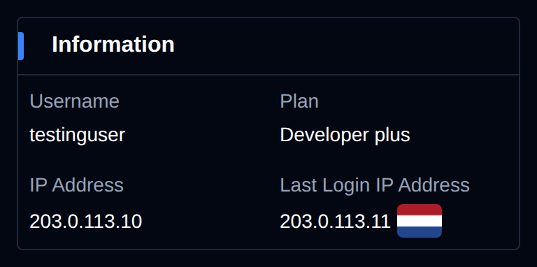 Information widget with the username, plan, IP address and last login IP address